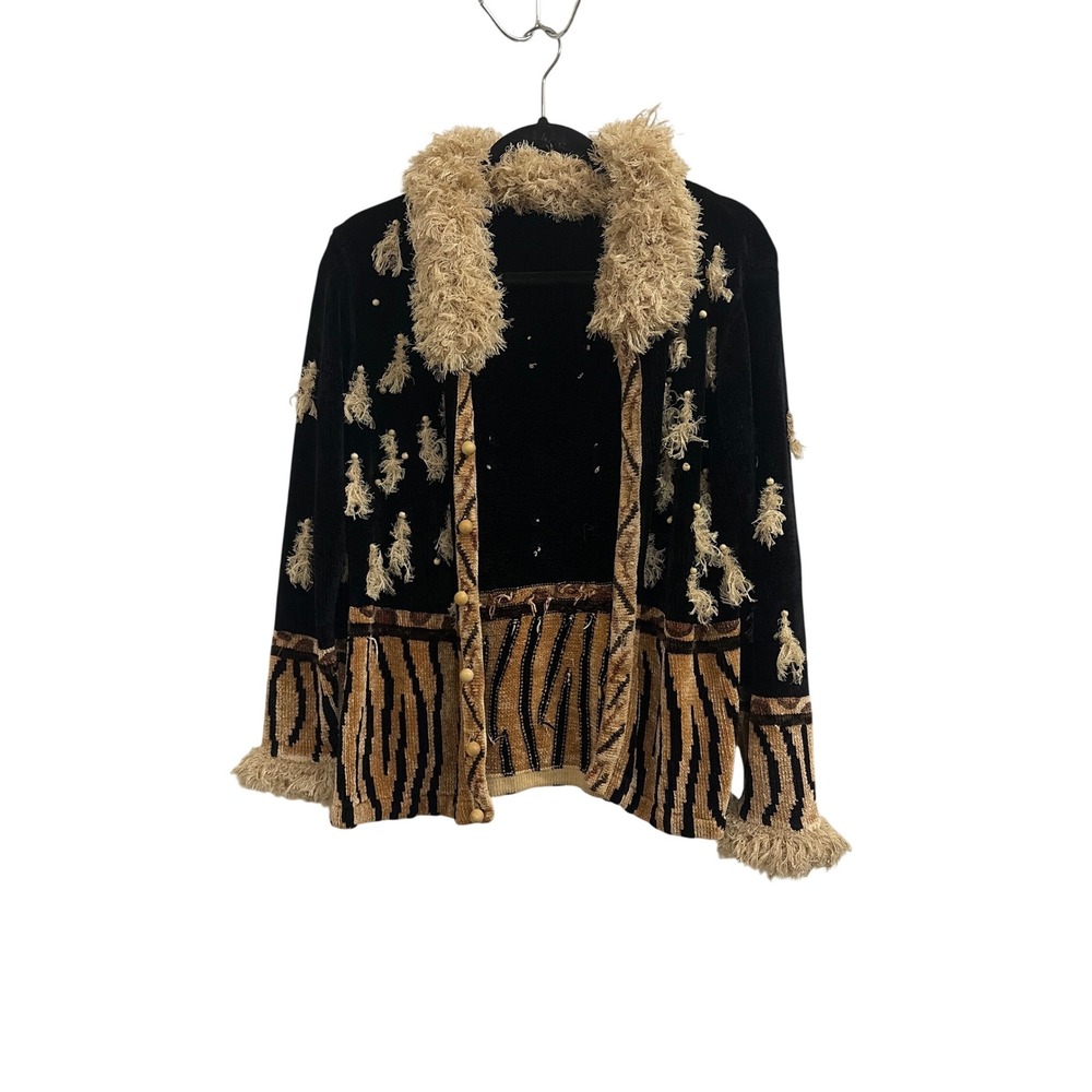 Cardigan Animal Print‎ Whimsigoth Unbranded Women Medium Black Brown Tassels Fur